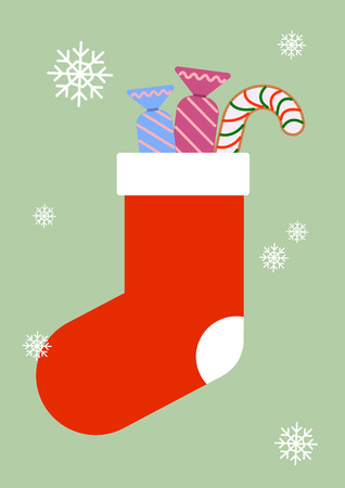 Vector illustration of Christmas sock on green background.のイラスト素材
