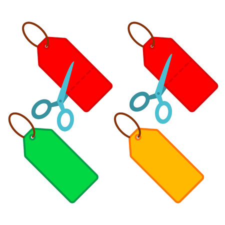 Price tag collection with scissors, cutting of price concept Illustration.のイラスト素材