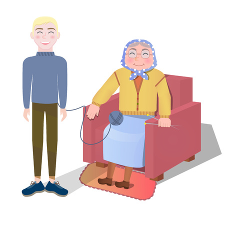 vector illustration -knitting  grandmother together with her grandsonのイラスト素材