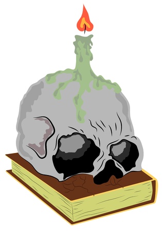 skull with burning candle on brown bookのイラスト素材