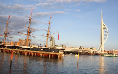 Spinnaker tower with hms warrior in the foreground,25th august 2012のeditorial素材