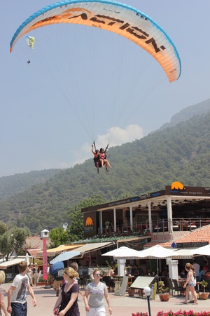 Paragliding at oludeniz beach, Turkey.The take off from the mountains from a height of 6500ft,3Oth july 2012のeditorial素材