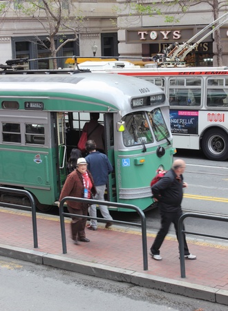 People using the trams on the Streets of San Francisco, March 2013のeditorial素材
