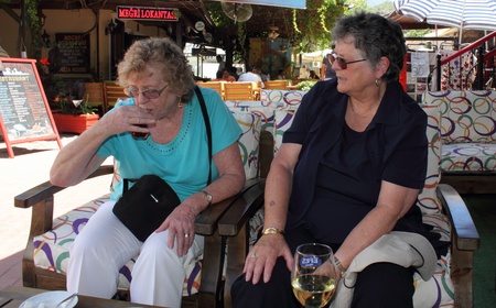 Two elderly ladies trying traditional Turkish tea for the first time in Fethiye, Turkey, 30th june,2013のeditorial素材