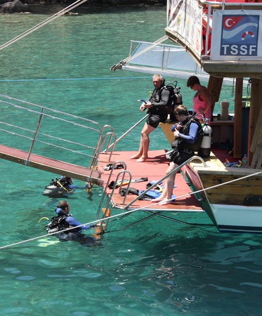 Turkey,calis,30th May 2013, Scuba diving off the back of a diving boat around the beautiful and scenic bays of turkey on the 30th may 2013のeditorial素材