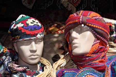 Turkish mannequins with traditional head gear in a local bazaar in fethiye,turkey,29th may 2013のeditorial素材