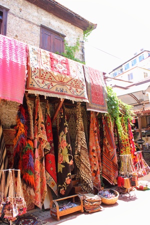 Fabrics and textiles for sale at the local bazaar in Fethiye, Turkey ,29th May ,2013のeditorial素材