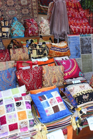 Fabrics and textiles for sale at the local bazaar in Fethiye, Turkey ,29th May ,2013のeditorial素材