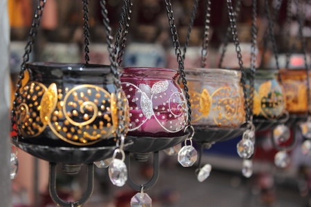 Colorful glass and ceramic lights for sale at Oludeniz ,Turkey 30th may 2013のeditorial素材