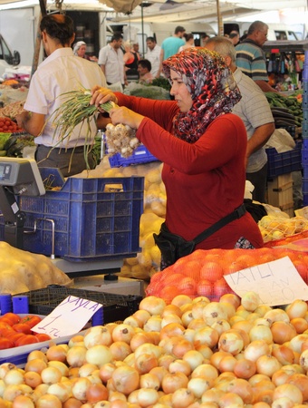 Fresh market produce of fruit and vegetables for sale at a local market in Turkey, July  2013のeditorial素材