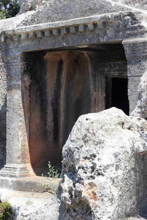 The Lycian Tombs of Fethiye carved into the mountain rock 350 B C の写真素材