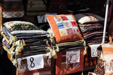 Fabrics, textiles and turkish rugs at a bazaar in Turkeyの写真素材
