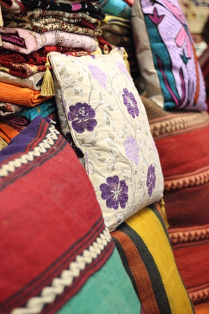 Fabrics, textiles and turkish rugs for sale at the local bazaar in Fethiye, Turkey ,July ,2013のeditorial素材