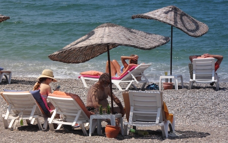 Calis beach with sunbathers in Turkey,  july 2014のeditorial素材