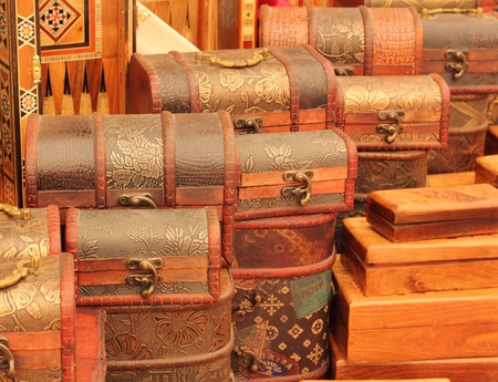 Handmade turkish boxes in a traditional turkish marketの写真素材