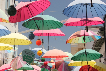 Artistic umbrellas along the streets of fethiye in turkeyのeditorial素材