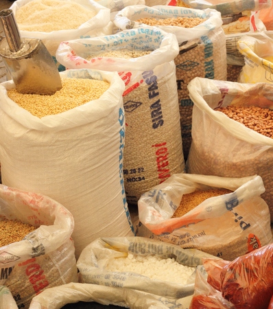 Fresh market produce of assorted spices on a market stall in Fethiye, 2015のeditorial素材