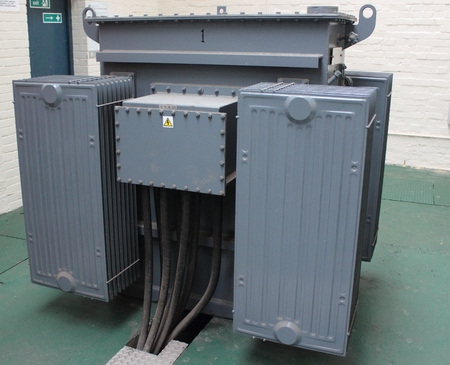 An industrial electricity transformer in a sub station