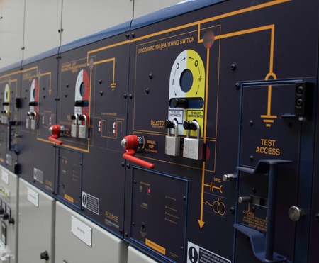 PORTSMOUTH, ENGLAND,17TH NOVEMBER 2015: Switch gear and panels in an electrical sub-station in...