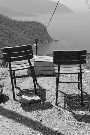 Two chairs and a box as a table on the mountain side at Kabak in Turkey, 2016の写真素材