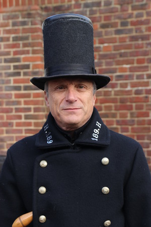 26TH NOVEMBER 2016, PORTSMOUTH DOCKYARD, ENGLAND:An unknown actor playing the part of a victorian policeman at the yearly Christmas victorian festival in portsmouth dockyard,england,26th november 2016のeditorial素材