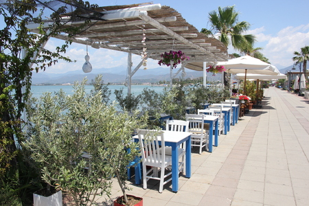FETHIYE, TURKEY, 31ST MAY 2017 :Resturant seating along the promenade with views of fethiye in turkey, 31st may 2017のeditorial素材