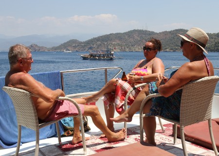 FETHIYE, TURKEY,17th july 2017,: English tourists on a bout trip around the bays of fethiye in Turkey,17th july 2017のeditorial素材