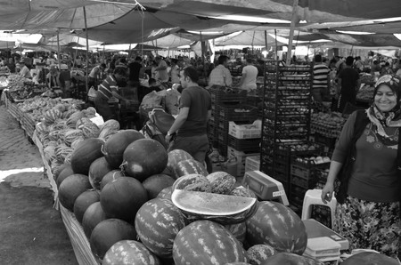 CALIS, TURKEY - 6TH AUGUST, 2017: Fresh fruit and vegetable produce for sale at a local market in Calis, Turkey, 6th august 2017のeditorial素材