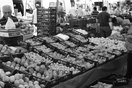 CALIS, TURKEY - 6TH AUGUST, 2017: Fresh fruit and vegetable produce for sale at a local market in Calis, Turkey, 6th august 2017のeditorial素材