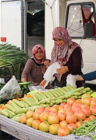 CALIS, TURKEY - 6TH AUGUST, 2017: Fresh fruit and vegetable produce for sale at a local market in Calis, Turkey, 6th august 2017のeditorial素材