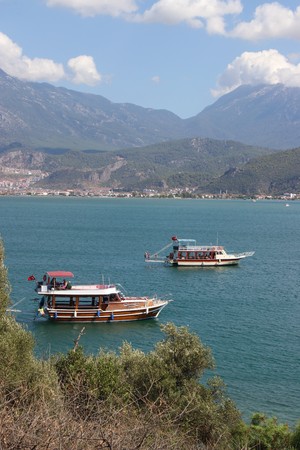 28TH JULY 2017,FETHIYE,TURKEY: Motor boats in the calm waters at calis,fethiye in turkey, 28th july 2017のeditorial素材