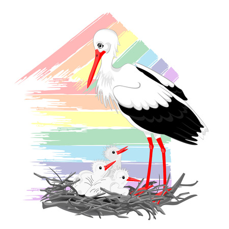 Stork and chicks in the nest on the background of the stylized houseのイラスト素材