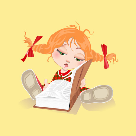 A little girl sees a large book isolated on pale yellow backgroundのイラスト素材