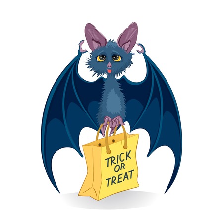 Cartoon bat with Halloween bag Trick or Treat isolated on white backgroundのイラスト素材