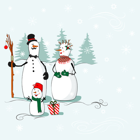 Greeting card with Christmas and New Year with a family of snowmen in the winter background, where you can put your textのイラスト素材