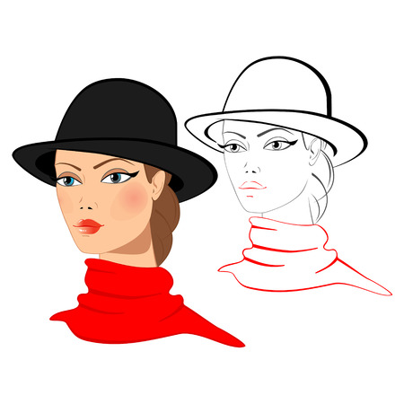 The face of a young woman in a hat, two images: color and outline silhouetteのイラスト素材