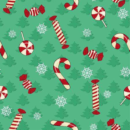 Christmas background with Christmas trees, snowflakes and candyのイラスト素材