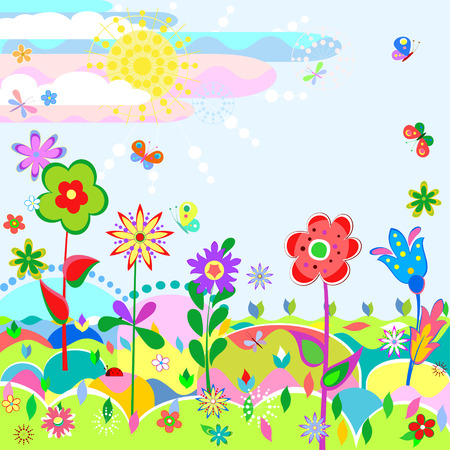 Stylized summer landscape with funny flowers and butterflies on a meadowのイラスト素材