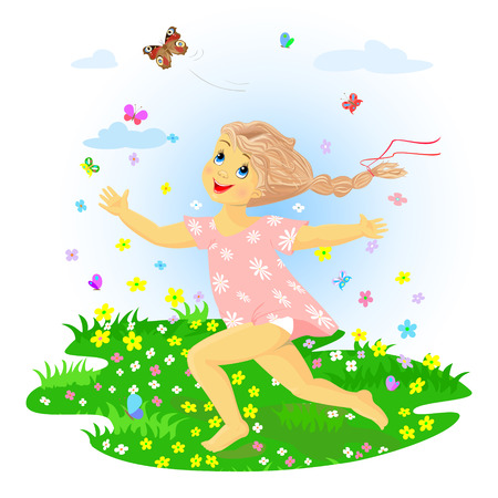 Happy girl runs on the summer meadow catching butterflyのイラスト素材