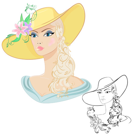 Face of young woman in elegant hat, two images: color and outline silhouetteのイラスト素材