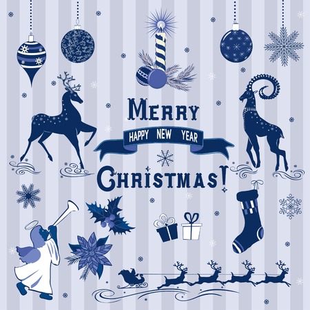 Set of Blue Christmas elements for design ideas. The elements are grouped in levels, and are disposed on separate layersのイラスト素材