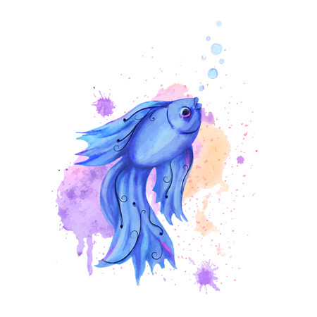 Stylized blue fish on watercolor background with drops and spraysのイラスト素材