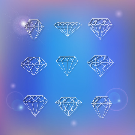 Set of polygonal diamonds on blur blue background with bokeh can be used as elements of design for logos creationのイラスト素材