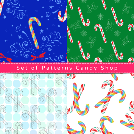 Set of seamless patterns with candy cane, their outline on the white and colorful backgroundsのイラスト素材