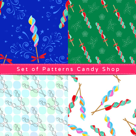 Set of seamless patterns with corkscrew lollipop, their outline on the white and colorful backgroundsのイラスト素材