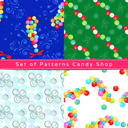 Set of seamless patterns with candy dragee, their outline on the white and colorful backgroundsのイラスト素材