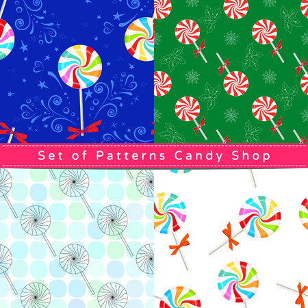 Set of seamless patterns with  peppermint candy, their outline on the white and colorful backgroundsのイラスト素材