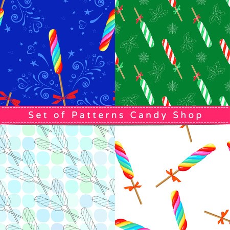 Set of seamless patterns with twist lollipop, their outline on the white and colorful backgroundsのイラスト素材