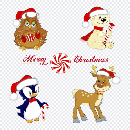 A set of cute little animals, owl, bear, deer and a penguin isolated on a transparent background as a design element for Christmasのイラスト素材