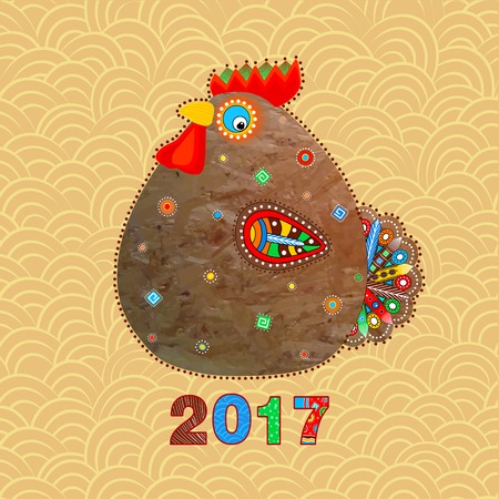 Funny cock in ethnic style, a symbol of the New Year, vector design element on a calendar, greeting card, poster, flyerのイラスト素材